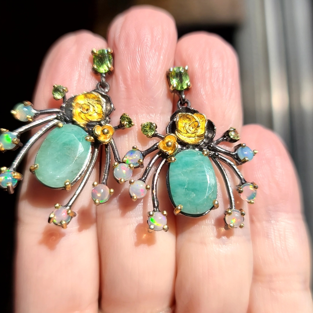 Large Emeral Opal & Peridot sterling & gold dramatic earrings - Picture 6 of 7